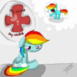 Size: 894x894 | Tagged: safe, artist:strabarybrick, rainbow dash, pegasus, pony, g4, :<, arrow, arrow in the knee, bandage, female, floppy ears, frown, mare, meme, pain, sad, sitting, skyrim, solo, the elder scrolls, thought bubble, wide eyes