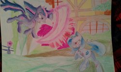 Size: 1024x612 | Tagged: safe, artist:rusticshine, trixie, twilight sparkle, g4, magic, traditional art