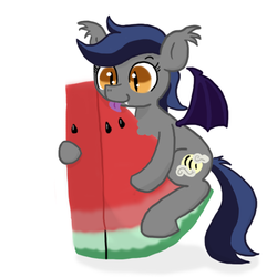 Size: 576x576 | Tagged: safe, artist:ficficponyfic, oc, oc only, oc:echo, bat pony, pony, fangs, food, licking, micro, solo, watermelon