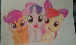 Size: 1024x612 | Tagged: safe, artist:rusticshine, apple bloom, scootaloo, sweetie belle, g4, cutie mark crusaders, traditional art