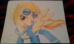 Size: 1024x612 | Tagged: safe, artist:rusticshine, spitfire, g4, female, solo, traditional art, wonderbolts uniform