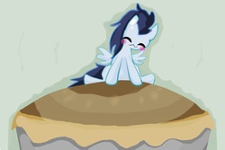 Size: 3333x2222 | Tagged: safe, artist:strabarybrick, soarin', g4, chibi, cute, happy, male, pie, sitting, soarinbetes, solo, that pony sure does love pies, tongue out