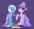 Size: 1247x1084 | Tagged: safe, artist:foxda, trixie, twilight sparkle, pony, unicorn, g4, abstract background, accessory swap, book, cape, clothes, colored pupils, duo, female, hat, sitting, smiling, trixie's hat