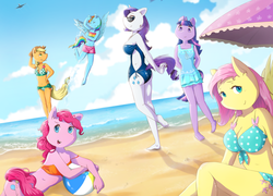 Size: 1054x757 | Tagged: dead source, safe, artist:crap-drawings, applejack, fluttershy, pinkie pie, rainbow dash, rarity, twilight sparkle, anthro, plantigrade anthro, g4, barefoot, beach, belly button, bikini, cleavage, clothes, feet, female, mane six, one-piece swimsuit, swimsuit