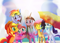 Size: 1400x1000 | Tagged: safe, artist:bendykins, applejack, fluttershy, pinkie pie, rainbow dash, rarity, twilight sparkle, g4, beach, mane six