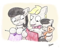 Size: 1927x1544 | Tagged: safe, artist:bobthedalek, octavia melody, oc, oc:mixed melody, oc:octavia's father, oc:octavia's mother, oc:ostinato melody, earth pony, pony, g4, book, father and daughter, female, filly, knitting, male, parent, reading, sleeping, sweet dreams fuel, teddy bear