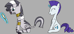 Size: 1024x472 | Tagged: safe, artist:alloco, rarity, zecora, pony, unicorn, zebra, g4, alternate hairstyle, female, gradient background, mane swap, mare, mirror, quadrupedal