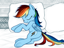 Size: 1600x1200 | Tagged: dead source, safe, artist:php83, artist:rainbow, rainbow dash, pegasus, pony, g4, bed, butt, cute, dashabetes, eyes closed, female, hooves, mare, pillow, plot, sleeping, smiling, solo