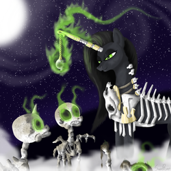 Size: 1000x1000 | Tagged: safe, artist:steedburst, oc, oc only, horn, horn jewelry, horn ring, jewelry, magic, necromancy, skeleton, solo, sombra eyes