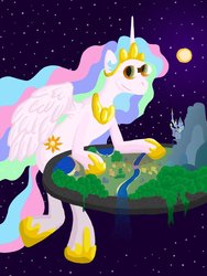 Size: 774x1032 | Tagged: dead source, safe, artist:ponypharmacist, princess celestia, g4, canterlot, female, flat world, giantess, giantlestia, god, goddess, macro, pony bigger than a planet, ponyville, river, smiling, solo, space, stars, sun, sunglasses, world