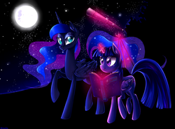 Size: 1642x1213 | Tagged: dead source, safe, artist:matrosha123, princess luna, twilight sparkle, alicorn, pony, g4, book, female, magic, mare, moon, night, telescope, twilight sparkle (alicorn)