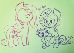 Size: 604x435 | Tagged: safe, fluttershy, opalescence, rarity, g4, traditional art