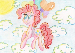 Size: 1488x1054 | Tagged: safe, artist:iguana14, pinkie pie, balloon, cloud, cloudy, female, flying, solo, then watch her balloons lift her up to the sky, traditional art