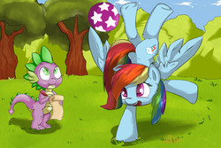 Size: 1500x1000 | Tagged: safe, artist:zokkili, rainbow dash, spike, g4, backbend, ball, duo, handstand, paper, pixiv, quill, tree