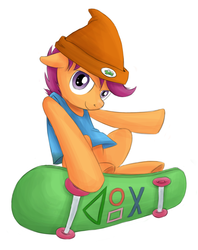 Size: 884x1118 | Tagged: dead source, safe, artist:xioade, scootaloo, pony, g4, bipedal, clothes, female, hat, parappa the rapper, playstation, rhythm game, skateboard, solo