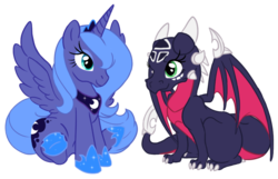 Size: 848x547 | Tagged: safe, artist:whatthefoxbecca, princess luna, alicorn, dragon, pony, g4, crossover, cute, cynder, dragoness, duo, female, hoof shoes, mare, s1 luna, simple background, sitting, spyro the dragon (series), the legend of spyro, transparent background, vector