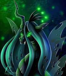 Size: 900x1038 | Tagged: safe, artist:retromissile, queen chrysalis, changeling, changeling queen, g4, crown, fangs, female, glowing, glowing eyes, jewelry, regalia, solo, transparent wings, wings