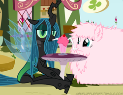 Size: 650x500 | Tagged: safe, queen chrysalis, oc, oc:fluffle puff, tumblr:ask fluffle puff, g4, milkshake