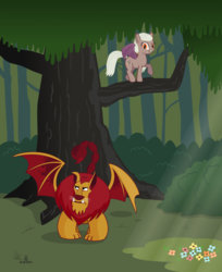 Size: 2445x3000 | Tagged: safe, artist:victor-whiterock, manny roar, oc, oc:carnelian, manticore, vampire, vampony, g4, crepuscular rays, everfree forest, fanfic, flower, forest, tree, tree branch, vampire hunter