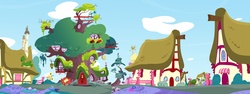 Size: 4800x1800 | Tagged: safe, artist:gatesmccloud, g4, beehive, book, chimney, cloud, cloudy, commission, day, door, golden oaks library, house, lantern, library, mushroom, no pony, ponyville, scenery, sign, sky, telescope, tree, vector, weathervane, window
