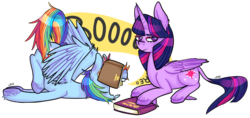 Size: 1188x562 | Tagged: safe, artist:soullessteddybear, rainbow dash, twilight sparkle, alicorn, classical unicorn, pony, g4, book, female, horn, leonine tail, mare, twilight sparkle (alicorn), twilight sparkle is not amused, unamused