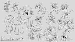 Size: 3500x1969 | Tagged: safe, artist:ruffu, pinkie pie, earth pony, pony, g4, female, monochrome, sketch dump, solo