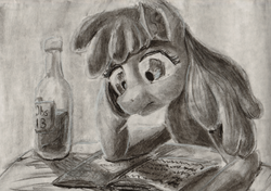 Size: 1600x1128 | Tagged: safe, artist:obsequiosity, berry punch, berryshine, g4, book, female, monochrome, reading, solo, traditional art