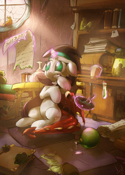 Size: 931x1299 | Tagged: safe, artist:atryl, oc, oc only, slug, cooking, interior, magic, messy, potion, recipe, solo