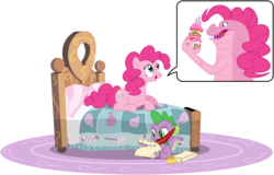Size: 6000x3838 | Tagged: safe, artist:masem, pinkie pie, spike, dragon, earth pony, kaiju, pony, g4, absurd resolution, bed, fanfic art, godzilla (series), inkwell, kaijufied, parchment, quill, simple background, sitting, transparent background, vector