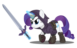 Size: 1024x640 | Tagged: safe, artist:cheshiretwilight, rarity, pony, unicorn, g4, clothes, crossover, female, legend of zelda: clockwork empire, magic, mare, parody, simple background, solo, sword, the legend of zelda, the legend of zelda: twilight princess, transparent background