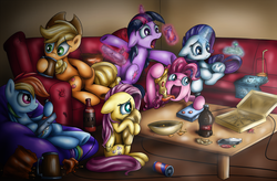 Size: 1100x722 | Tagged: dead source, safe, artist:xioade, applejack, fluttershy, pinkie pie, rainbow dash, rarity, twilight sparkle, earth pony, pegasus, pony, unicorn, g4, controller, couch, drink, drinking, eating, food, glowing, glowing horn, horn, magic, magic aura, mane six, meat, messy, nachos, open mouth, pepperoni, pepperoni pizza, pizza, soda, telekinesis, television, tongue out, video game