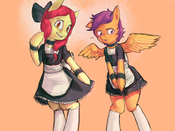 Size: 2400x1800 | Tagged: dead source, safe, artist:wanderereclipse, apple bloom, scootaloo, earth pony, pegasus, pony, semi-anthro, g4, bipedal, bow, clothes, dress, duo, female, filly, foal, french maid, hair bow, looking at you, maid, simple background