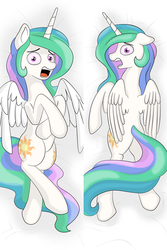Size: 1000x1500 | Tagged: safe, artist:endrome, princess celestia, pony, g4, body pillow, body pillow design, butt, do not want, female, floppy ears, looking at you, looking back, missing accessory, non-consensual cuddling, on back, open mouth, plot, prone, scared, scaredlestia, solo, wide eyes