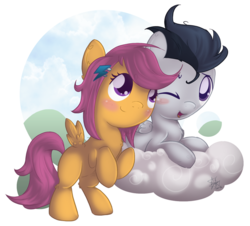 Size: 755x684 | Tagged: safe, artist:sip, rumble, scootaloo, g4, alternate hairstyle, blushing, cloud, female, hairclip, male, motherly scootaloo, nuzzling, ship:rumbloo, shipping, straight