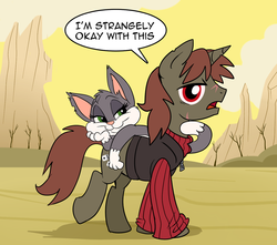 Size: 1280x1129 | Tagged: safe, artist:madmax, oc, oc:double tap, cat, pony, unicorn, fallout equestria, fallout equestria: anywhere but here, animaniacs, clothes, crossover, fanfic, male, rita, stallion, warner brothers