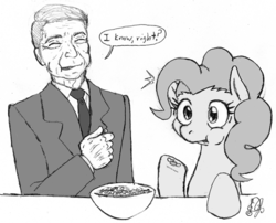 Size: 800x645 | Tagged: safe, artist:dj-black-n-white, pinkie pie, human, g4, dialogue, jelly beans, monochrome, ronald reagan