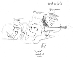 Size: 800x639 | Tagged: safe, artist:dj-black-n-white, applejack, fluttershy, rainbow dash, g4, car, crossover, grand theft auto, gun, monochrome, rough sketch