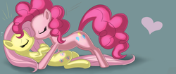 Size: 912x383 | Tagged: safe, artist:cottoncandy, fluttershy, pinkie pie, earth pony, pegasus, pony, g4, cropped, duo, female, heart, kissing, lesbian, mare, ship:flutterpie, shipping