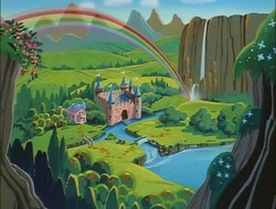Size: 710x540 | Tagged: safe, screencap, g1, my little pony: escape from catrina, beautiful, castle, dream castle, dream valley, rainbow, river, scenery, valley, waterfall