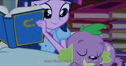 Size: 1597x845 | Tagged: safe, screencap, spike, twilight sparkle, dog, equestria girls, g4, book, meme, spike the dog, youtube caption, youtube link