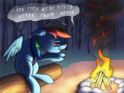 Size: 1024x768 | Tagged: safe, artist:topgull, rainbow dash, g4, sleepless in ponyville, campfire, dialogue, female, fire, log, solo