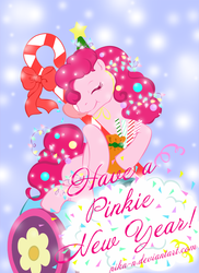 Size: 873x1200 | Tagged: safe, artist:nika-n, pinkie pie, g4, candy, candy cane, food, happy new year, holiday, new year, party cannon, postcard, solo, tongue out