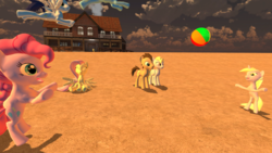 Size: 1024x578 | Tagged: safe, artist:juu50x, applejack, derpy hooves, dinky hooves, doctor whooves, fluttershy, pinkie pie, rainbow dash, rarity, soarin', time turner, pegasus, pony, g4, 3d, beach, beach ball, female, gmod, mare
