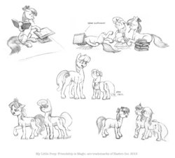 Size: 1185x1068 | Tagged: safe, artist:baron engel, apple bloom, cheerilee, diamond tiara, scootaloo, silver spoon, sweetie belle, g4, monochrome, pencil drawing, traditional art