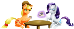 Size: 1899x750 | Tagged: safe, artist:rrdz, applejack, rarity, earth pony, pony, unicorn, g4, duo, duo female, female, hat, mare, monocle, simple background, table, tea, teacup, transparent background