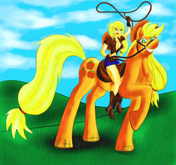 Size: 1024x964 | Tagged: safe, artist:pottoka, applejack, earth pony, human, pony, g4, breasts, female, human ponidox, humanized, humans riding ponies, mare, riding, rope, self ponidox