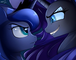 Size: 1141x897 | Tagged: dead source, safe, artist:skyart301, idw, nightmare rarity, princess luna, alicorn, pony, unicorn, g4, spoiler:comic, close-up, crown, duo, evil smile, female, grin, horn, jewelry, looking at each other, mare, regalia, smiling, wings