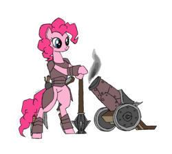 Size: 1700x1523 | Tagged: safe, artist:php15, pinkie pie, g4, armor, bipedal, cannon, female, knife, mace, solo, sword