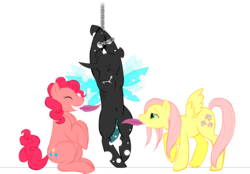 Size: 1134x791 | Tagged: safe, artist:grammarshinehyena, fluttershy, pinkie pie, changeling, earth pony, pegasus, pony, g4, bondage, feather, female, femdom, flutterdom, mare, simple background, suspended, tickle torture, tickling, transparent background