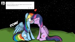 Size: 1000x563 | Tagged: safe, artist:geneticanomaly, rainbow dash, twilight sparkle, alicorn, pony, g4, blushing, female, kissing, lesbian, mare, pomf, ship:twidash, shipping, space, tumblr, twilight sparkle (alicorn), wingboner